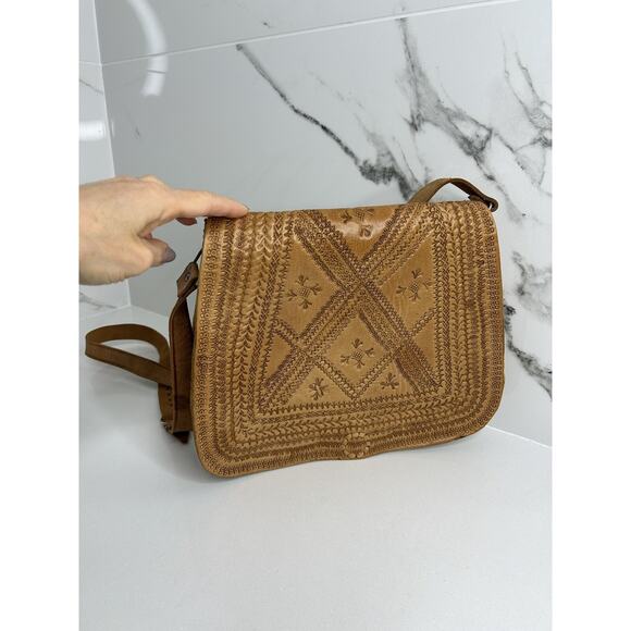 Handmade Handbags - Handmade Tooled Leather Bag Bohemian Hippie Crossbody Vintage 60s Retro Pristine